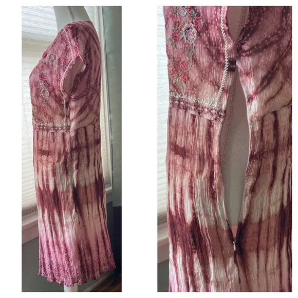 Sundance Gemi Pink Multi Tie Dye Floral Embroidered Dress Cupro Chiffon Size S - Picture 12 of 15